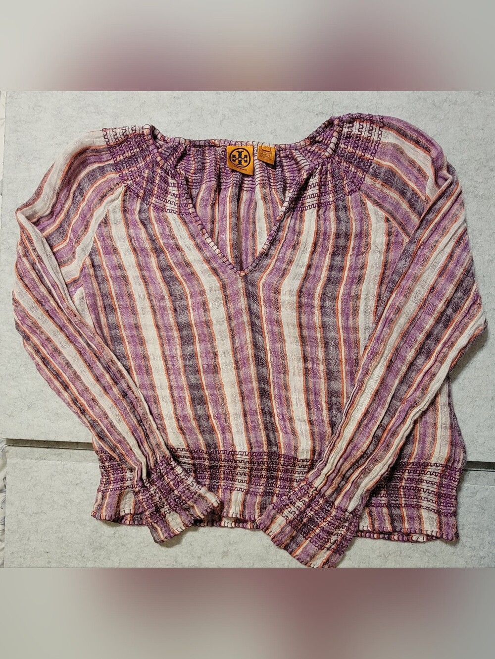 Tory Burch Size L Purple Striped 100% Linen Smocked Peasant Blouse Top